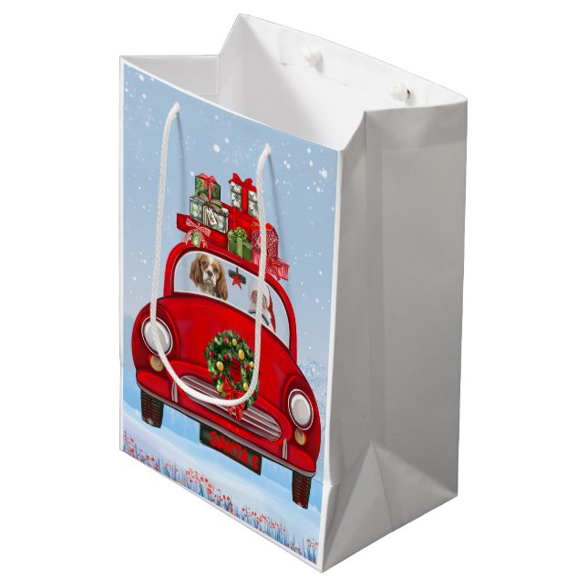 Bolsa De Regalo Mediana Cavalier King Dog En Coche Con Santa Claus (Angulo Anverso)