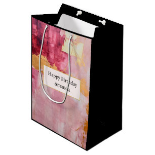 Bolsa De Regalo Mediana Cepillo artístico estalla oro y cumpleaños rosado
