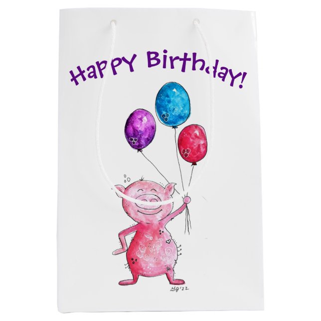 Bolsa De Regalo Mediana Cerdo rosa caprichoso con globos (Anverso)