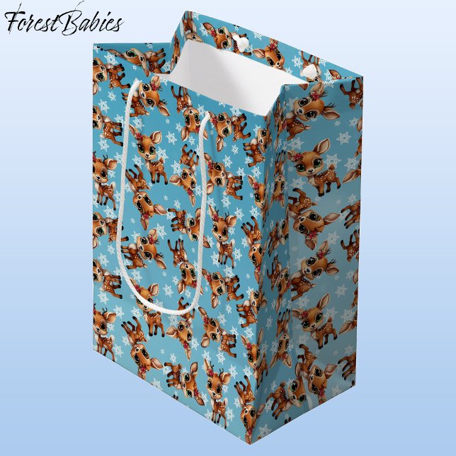 Bolsa De Regalo Mediana Cerveza, Amanecer, Perro, Reno 🦌 Azul 🎄 Salto de (Cute Baby Floral Deer, Fawn, Doe Lover, Reindeer Antlers, Snowflake Pattern, Blue Gift Bag 🦌 🎄)