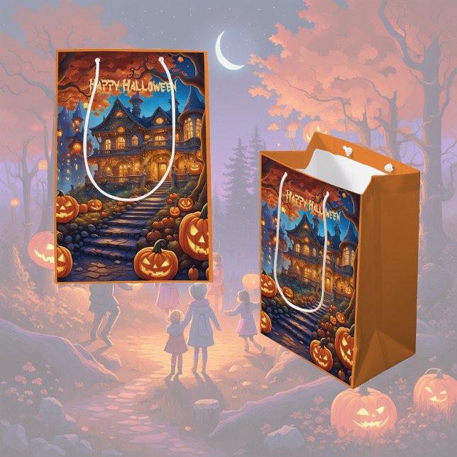 Bolsa De Regalo Mediana Chalet fantasmal en el bosque, calabazas, Hallowee (Subido por el creador)