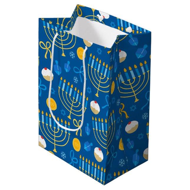 Bolsa De Regalo Mediana Chanukah Menorah Gelt Dreidel Blue (Angulo Anverso)