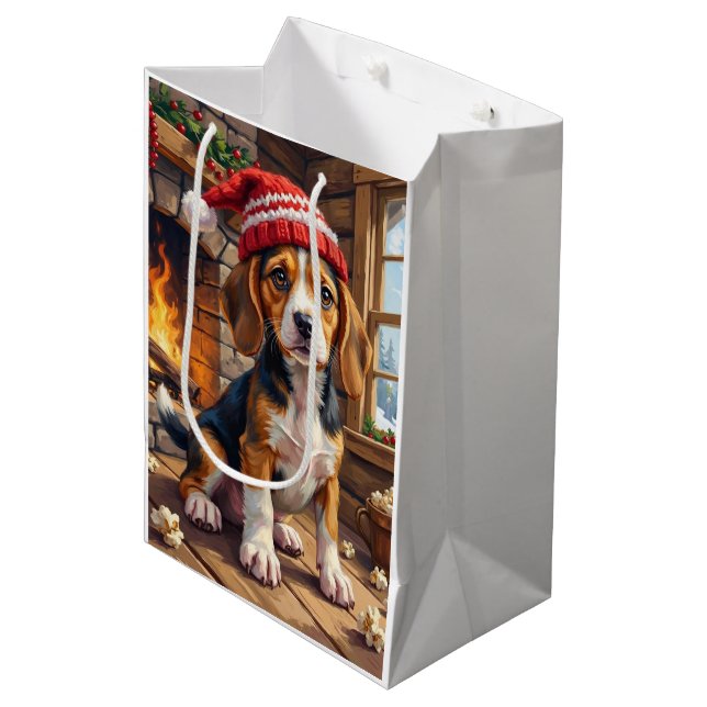 Bolsa De Regalo Mediana Cheerful Beagle Puppy in Stocking Cap Cozy (Angulo Anverso)