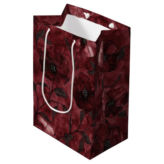 Bolsa De Regalo Mediana Chic Negro Burgundy Rojo Floral Despedida de Solte (Angulo Anverso)