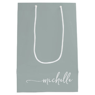 Bolsa De Regalo Mediana Chic Verde Sage Monograma Nombre Script