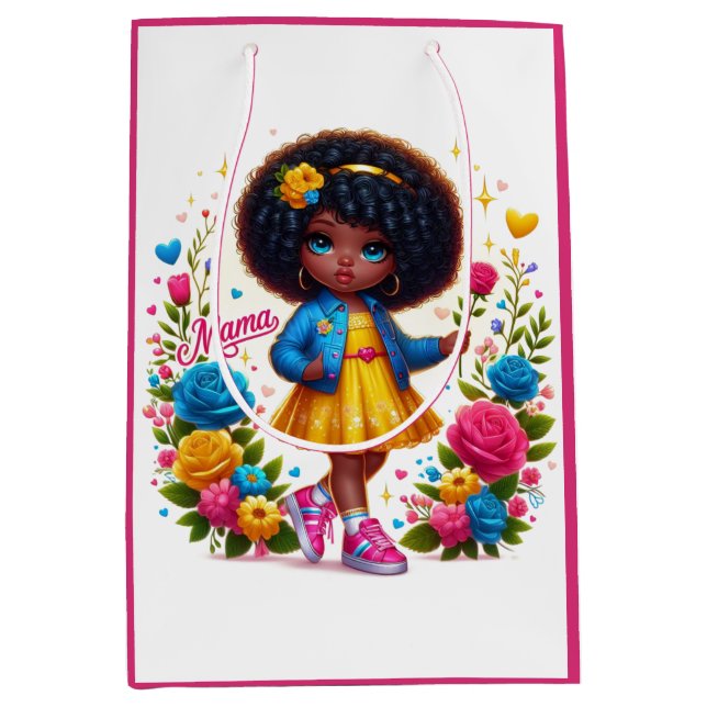 Bolsa De Regalo Mediana Chica Afro Adorable Amarillo/Flor Rosa Mamá (Anverso)