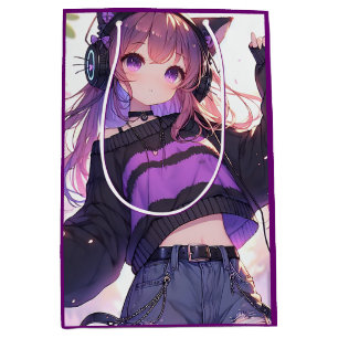 Bolsa De Regalo Mediana Chica anime bonita con auriculares cumpleaños