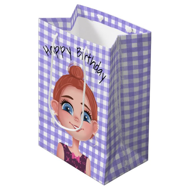 Bolsa De Regalo Mediana Chica De Cumpleaños personalizado En Gingham (Angulo Anverso)