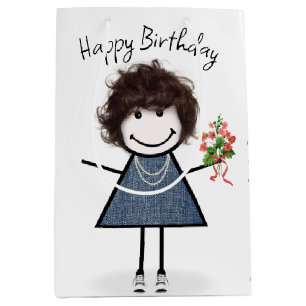 Bolsa De Regalo Mediana Chica De Figura De Palo De Cumpleaños Con Bouquet