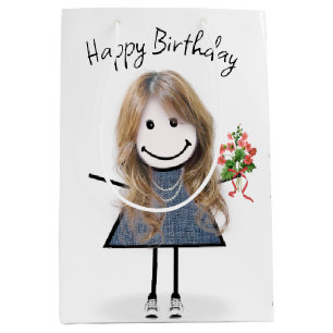 Bolsa De Regalo Mediana Chica De Figura De Palo De Cumpleaños Con Bouquet