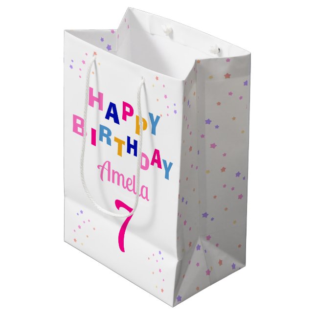 Bolsa De Regalo Mediana Chica de las estrellas rosadas Feliz cumpleaños (Angulo Anverso)