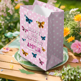 Bolsa De Regalo Mediana Chica del patrón de mariposa rosada feliz cumpleañ