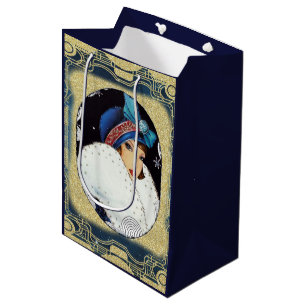 Bolsa De Regalo Mediana Chica Flapper de Navidad Abrigo de piel blanco gra
