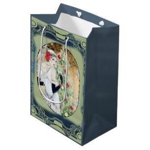 Bolsa De Regalo Mediana Chica Flapper de Navidad con bebida y árbol