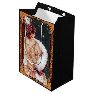 Bolsa De Regalo Mediana Chica Flapper de Navidad con un vestido dorado bri