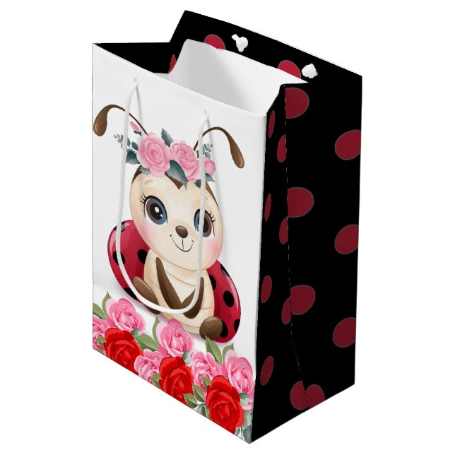 Bolsa De Regalo Mediana Chica Floral Rosa Rosa Pequeña Ladybug Baby Shower (Angulo Anverso)