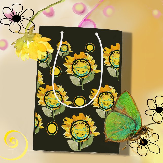 Bolsa De Regalo Mediana Chica negro amarillo girasol Cumpleaños (Sunflower Yellow black Girl Birthday Medium Gift Bag)