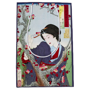 Bolsa De Regalo Mediana Chinoiserie Dama Japonesa y Flor de Cerezo Roja