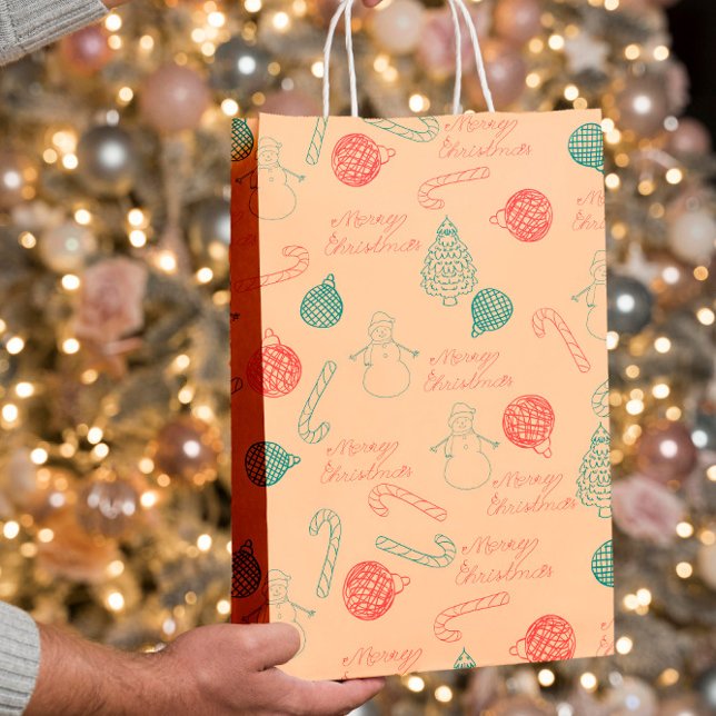 Bolsa De Regalo Mediana Christmas Doodle Pattern | Snowmen, Trees & Candy  (Subido por el creador)