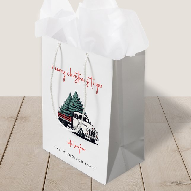 Bolsa De Regalo Mediana Christmas Gift Bag | Truck Holiday Present Bags (A vintage inspired delivery truck holiday gift bag with retro festive flair)