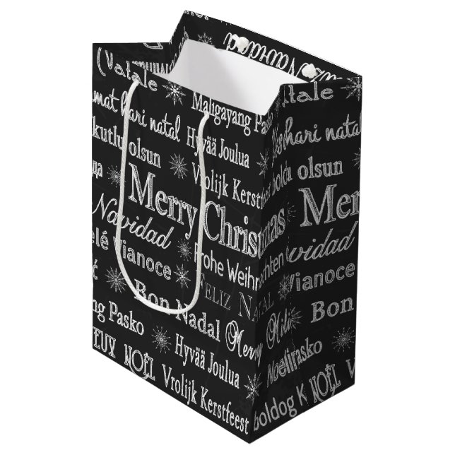 Bolsa De Regalo Mediana Christmas Greetings Multiple Languages Black (Angulo Anverso)