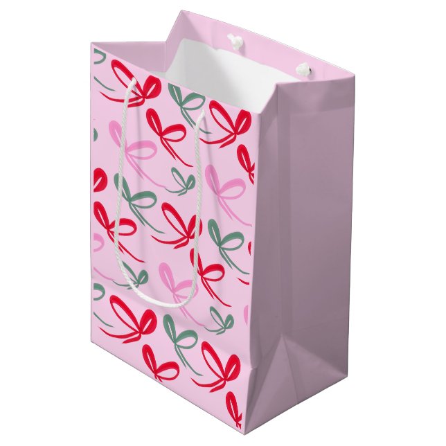 Bolsa De Regalo Mediana Christmas Red Bows Green Pink Hand Drawn (Angulo Anverso)