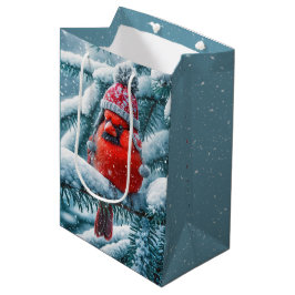 Bolsa De Regalo Mediana Christmas Red Cardinal Bird Wearing Winter Hat