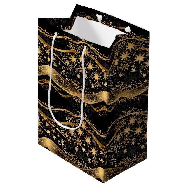Bolsa De Regalo Mediana Christmas Ribbon & Starry Night Gold Print (Angulo Anverso)