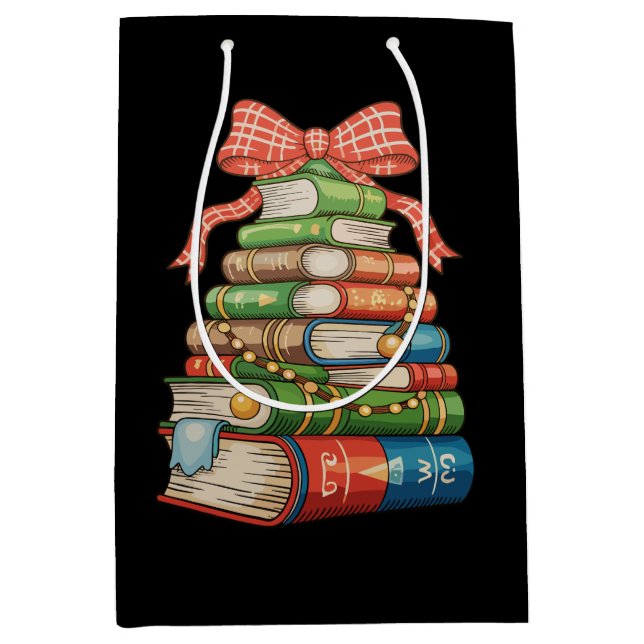 Bolsa De Regalo Mediana Christmas Tree Books Bow Reading Librarian Teacher (Anverso)