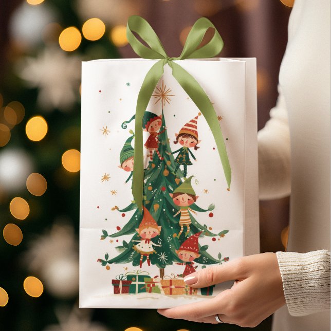 Bolsa De Regalo Mediana Christmas Whimsical Elves Decorating Tree Gift Bag (Subido por el creador)