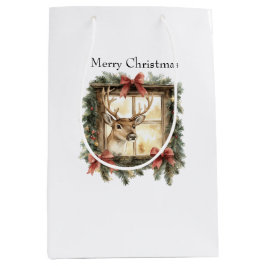 Bolsa De Regalo Mediana Ciervos en Ventana Lazos Rojos Navidad