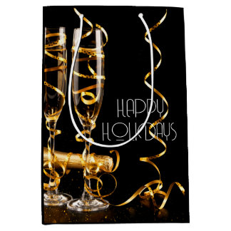 Bolsa De Regalo Mediana Cinta de Oro Champagne Felices Fiestas