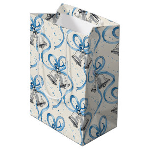 Bolsa De Regalo Mediana Cintas Azules y Campanas de Plata Crema