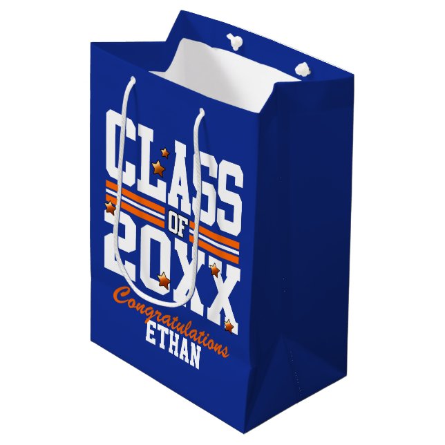 Bolsa De Regalo Mediana Clase de Graduación Azul|Naranja Año (Angulo Anverso)