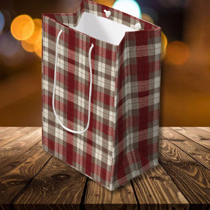 Bolsa De Regalo Mediana Clásico Estampado de Cuadros Marrón Marfil Rojo Óx