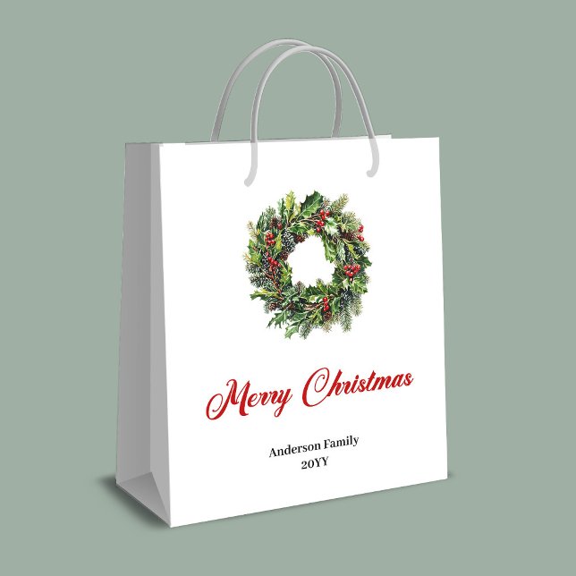 Bolsa De Regalo Mediana Classic pine wreath gift bag personalized for you (Classic pine wreath gift bag personalized for you)