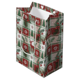 Bolsa De Regalo Mediana Classic Vintage Christmas Plaid & Holly Pattern
