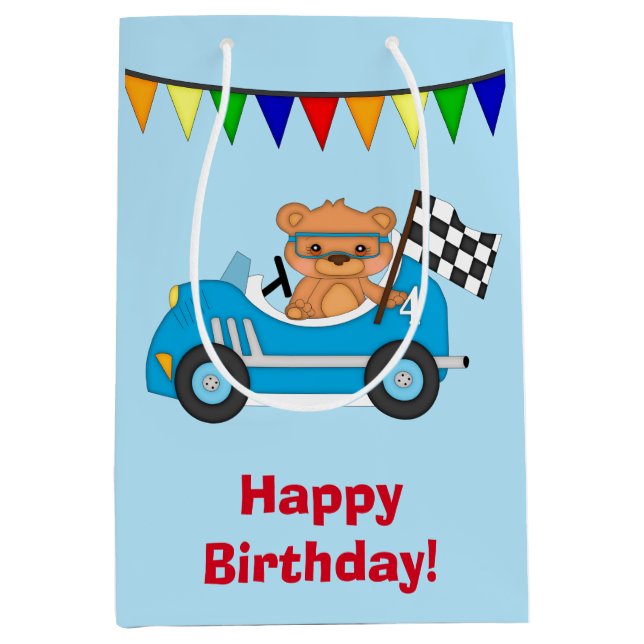 Bolsa De Regalo Mediana Coche de carreras y oso personalizados (Anverso)