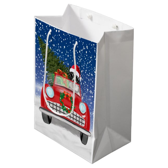 Bolsa De Regalo Mediana Coche De Conducción De Perro Collie En Navidades D (Angulo Anverso)