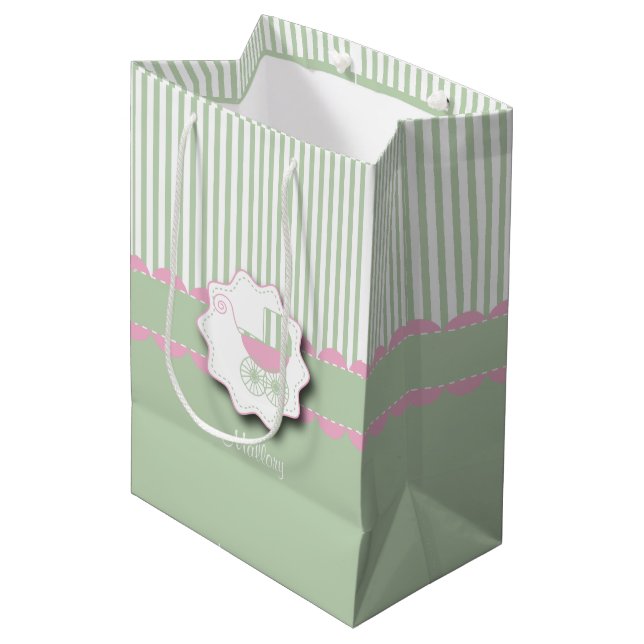 Bolsa De Regalo Mediana Cochecillo de los rosas bebés y del verde - ducha (Angulo Anverso)