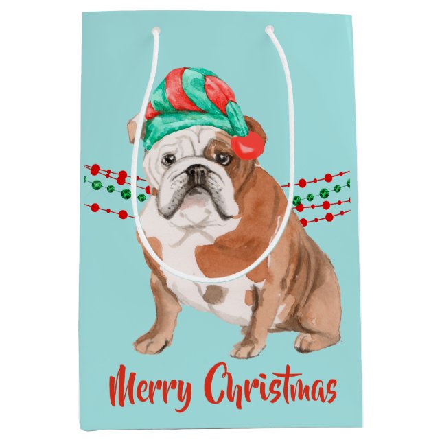 Bolsa De Regalo Mediana Colas de cuerdas navideñas de bulldog Santa Hat (Anverso)