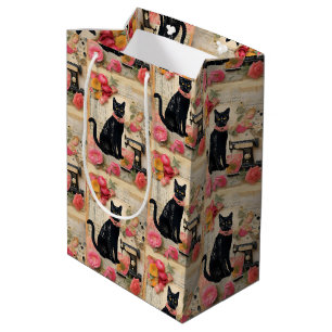 Bolsa De Regalo Mediana Collage de collar rosa de gato negro retro