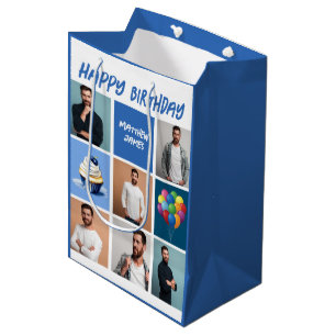 Bolsa De Regalo Mediana Collage de fotos personalizado Cumpleaños azul per