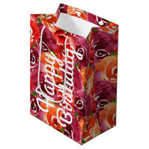 Bolsa De Regalo Mediana Collage floral acuarela feliz cumpleaños