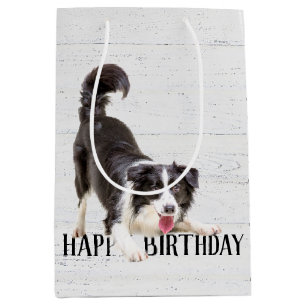 Bolsa De Regalo Mediana Collie fronteriza de cumpleaños en madera