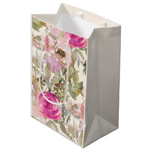 Bolsa De Regalo Mediana Color de agua rosa Floral Salto verde hojas crema