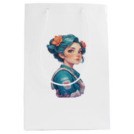 Bolsa De Regalo Mediana Colorful Girl Portrait with Flowers 