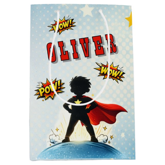 Bolsa De Regalo Mediana Comic Style Superhero Boy's Name Birthday Party (Anverso)
