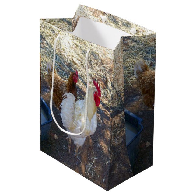 Bolsa De Regalo Mediana Compañeros emplumados: gallo blanco y su gallina (Angulo Anverso)