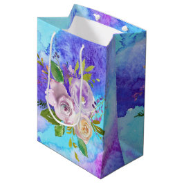 Bolsa de regalo mediana con flores de acuarela púr